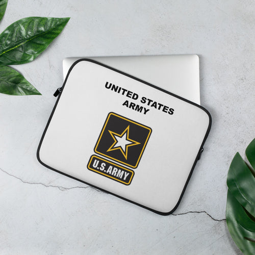 A lightweight and water-resistant white Laptop Sleeve with the United States Army logo printed on top. The laptop sleeve is designed to fit a 13" laptop.