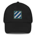 A black 3rd Infantry Division Hat with the logo on the front.  The hat has a curved visor and an adjustable strap at the back.