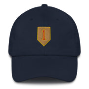 A navy blue 1st Infantry Division Hat with the logo on the front.  The hat has a curved visor and an adjustable strap at the back.