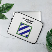 A lightweight and water-resistant white Laptop Sleeve with the 3rd Infantry Division logo printed on top. The laptop sleeve is designed to fit a 13" laptop.