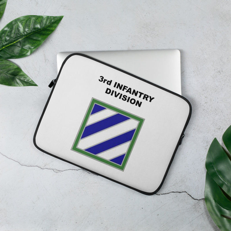 A lightweight and water-resistant white Laptop Sleeve with the 3rd Infantry Division logo printed on top. The laptop sleeve is designed to fit a 13" laptop.