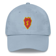 A light blue 25th Infantry Division Hat with the logo on the front.  The hat has a curved visor and an adjustable strap at the back.