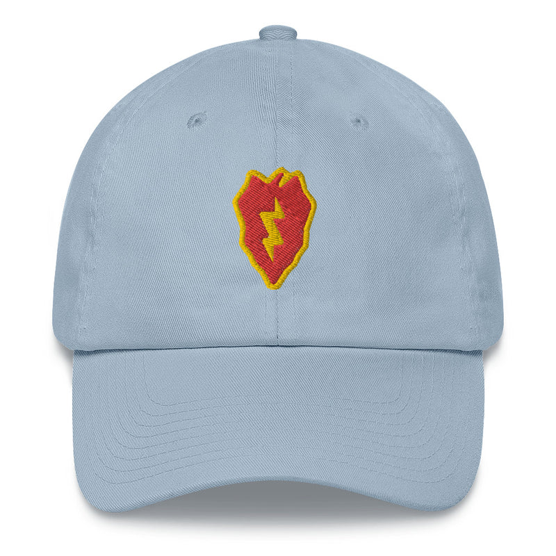 A light blue 25th Infantry Division Hat with the logo on the front.  The hat has a curved visor and an adjustable strap at the back.