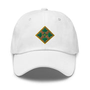 A white 4th Infantry Division Division Hat with the logo on the front.  The hat has a curved visor and an adjustable strap at the back.