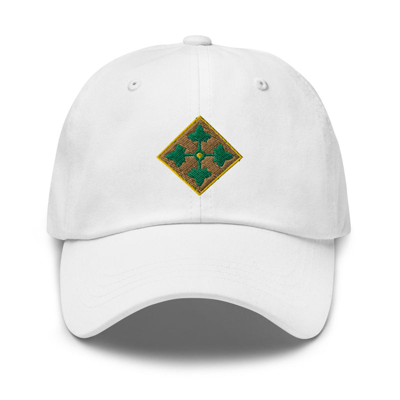 A white 4th Infantry Division Division Hat with the logo on the front.  The hat has a curved visor and an adjustable strap at the back.