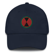 A navy blue 7th Infantry Division Hat with the logo on the front.  The hat has a curved visor and an adjustable strap at the back.