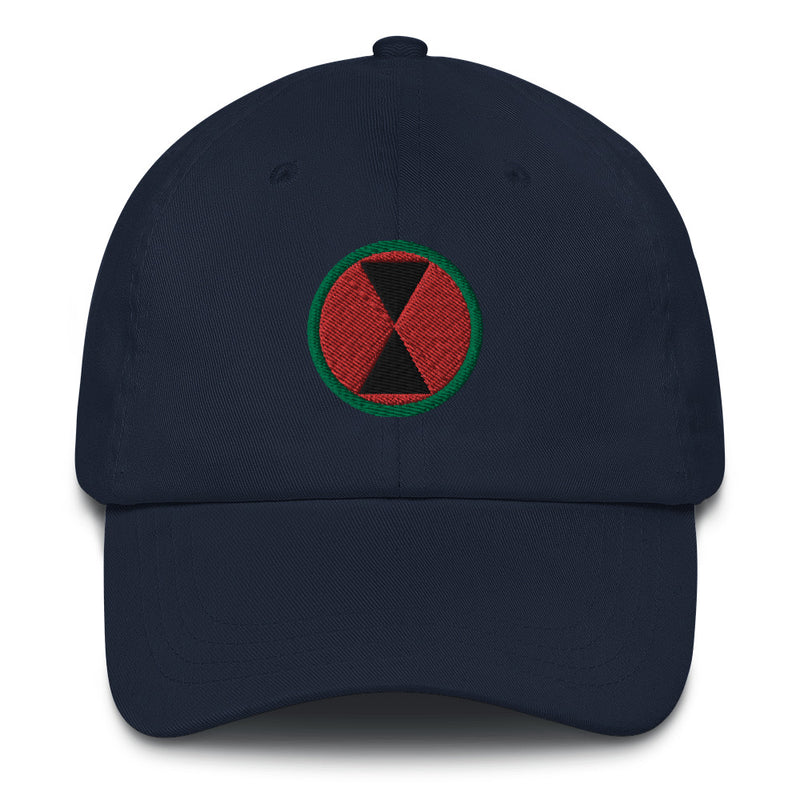 A navy blue 7th Infantry Division Hat with the logo on the front.  The hat has a curved visor and an adjustable strap at the back.