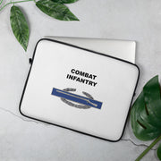 A lightweight and water-resistant white Laptop Sleeve with the Combat Infantry logo printed on top. The laptop sleeve is designed to fit a 15" laptop.