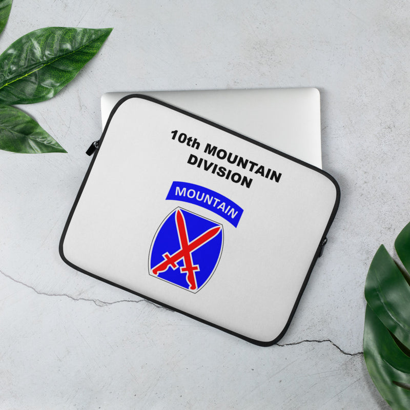 A lightweight and water-resistant white Laptop Sleeve with the 10th Mountain Division logo printed on top. The laptop sleeve is designed to fit a 13" laptop.