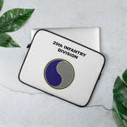 A lightweight and water-resistant white Laptop Sleeve with the 29th Infantry Division logo printed on top. The laptop sleeve is designed to fit a 13" laptop.