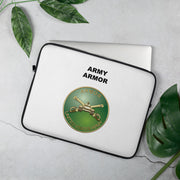 A lightweight and water-resistant white Laptop Sleeve with the Army Armor logo printed on top. The laptop sleeve is designed to fit a 15" laptop.