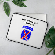 A lightweight and water-resistant white Laptop Sleeve with the 10th Mountain Division logo printed on top. The laptop sleeve is designed to fit a 15" laptop.