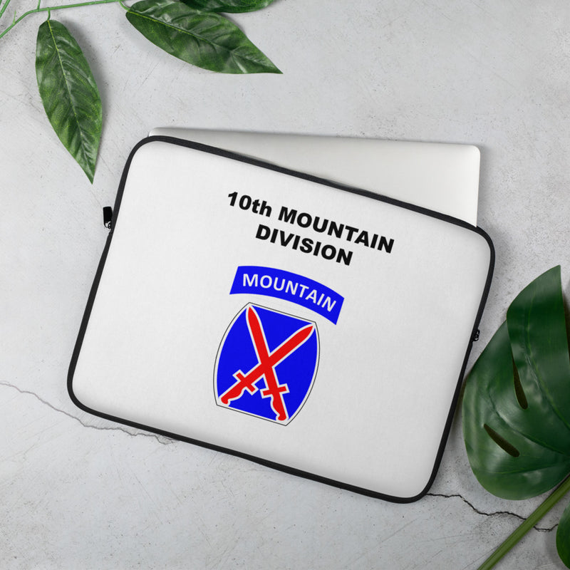 A lightweight and water-resistant white Laptop Sleeve with the 10th Mountain Division logo printed on top. The laptop sleeve is designed to fit a 15" laptop.
