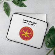 A lightweight and water-resistant white Laptop Sleeve with the Air Defense Artillery logo printed on top. The laptop sleeve is designed to fit a 15" laptop.