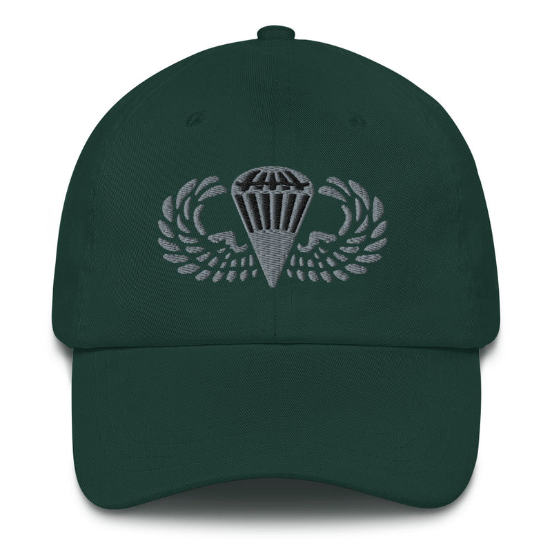 A spruce colored Basic Parachutist Hat with the logo on the front.  The hat has a curved visor and an adjustable strap at the back.