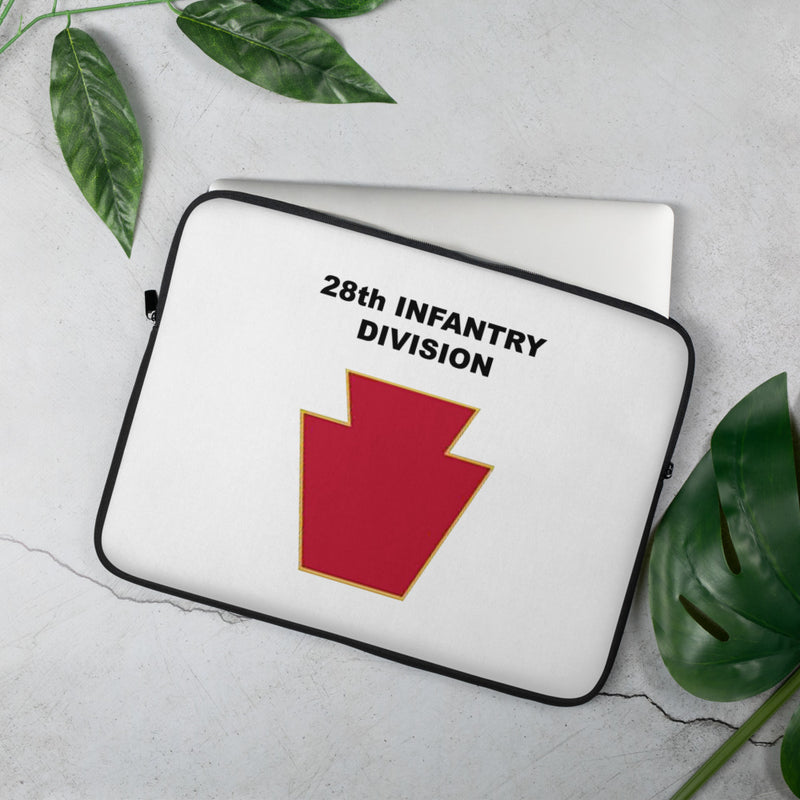 A lightweight and water-resistant white Laptop Sleeve with the 28th Infantry Division logo printed on top. The laptop sleeve is designed to fit a 15" laptop.