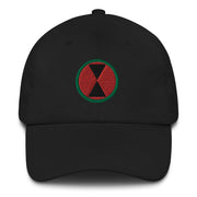 A black 7th Infantry Division Hat with the logo on the front.  The hat has a curved visor and an adjustable strap at the back.