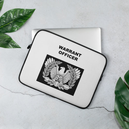 A lightweight and water-resistant white Laptop Sleeve with the Warrant Officer logo printed on top. The laptop sleeve is designed to fit a 13" laptop.