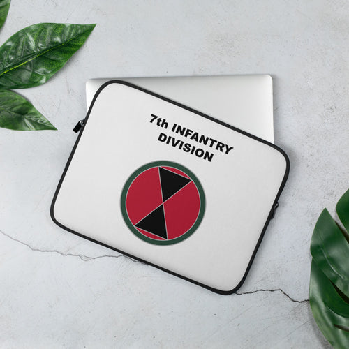 A lightweight and water-resistant white Laptop Sleeve with the 7th Infantry Division logo printed on top. The laptop sleeve is designed to fit a 13" laptop.