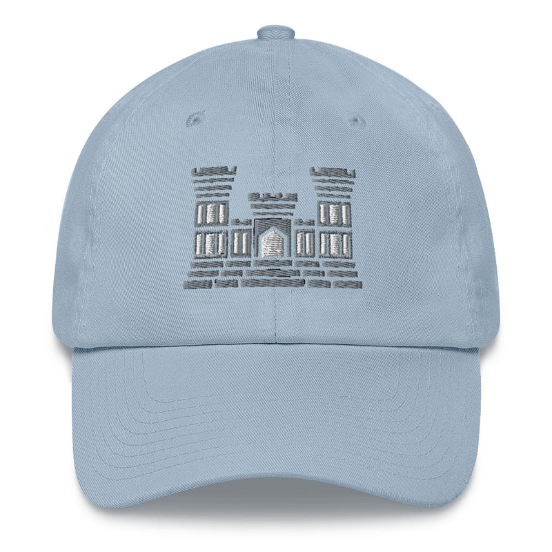 A light blue Combat Engineer Hat with the logo on the front.  The hat has a curved visor and an adjustable strap at the back.