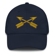 A navy blue Special Forces Division Hat with the logo on the front.  The hat has a curved visor and an adjustable strap at the back.