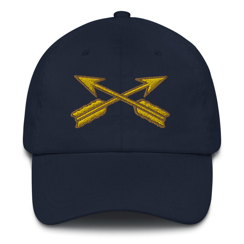 A navy blue Special Forces Division Hat with the logo on the front.  The hat has a curved visor and an adjustable strap at the back.