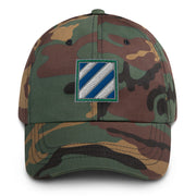 A military style 3rd Infantry Division Hat with camouflage and the logo on the front.  The hat has a curved visor and an adjustable strap at the back. 