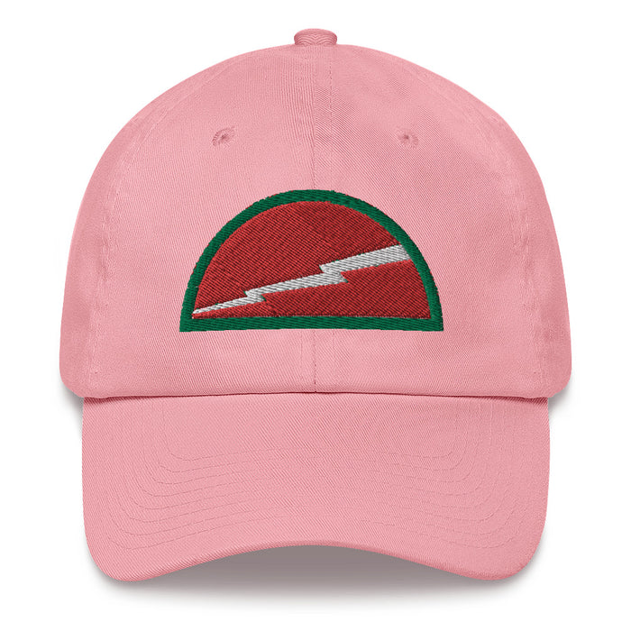 A pink 78th Infantry Division Hat with the logo on the front.  The hat has a curved visor and an adjustable strap at the back.