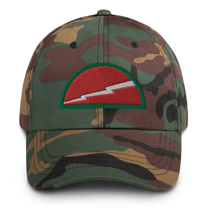 A military style 78th Infantry Division Hat with camouflage and the logo on the front.  The hat has a curved visor and an adjustable strap at the back. 