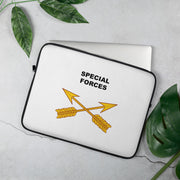 A lightweight and water-resistant white Laptop Sleeve with the Special Forces logo printed on top. The laptop sleeve is designed to fit a 15" laptop.