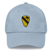 A light blue 1st Cavalry Division Hat with the logo on the front.  The hat has a curved visor and an adjustable strap at the back.