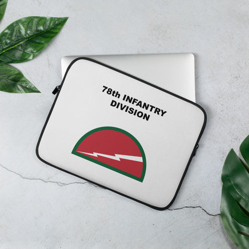 A lightweight and water-resistant white Laptop Sleeve with the 78th Infantry Division logo printed on top. The laptop sleeve is designed to fit a 13" laptop.
