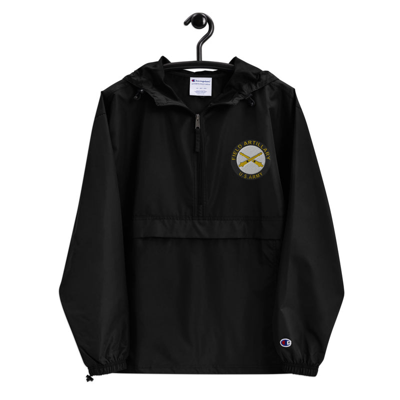 US Army Field Artillery Black Champion packable jacket with a detailed embroidered logo.