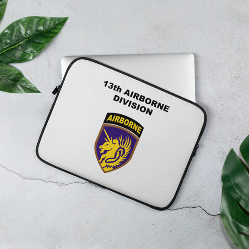A lightweight and water-resistant white Laptop Sleeve with the 13th Airborne Division logo printed on top. The laptop sleeve is designed to fit a 13" laptop.