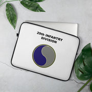 A lightweight and water-resistant white Laptop Sleeve with the 29th Infantry Division logo printed on top. The laptop sleeve is designed to fit a 15" laptop.