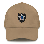 A khaki colored 2nd Infantry Division Hat with the logo on the front.  The hat has a curved visor and an adjustable strap at the back.