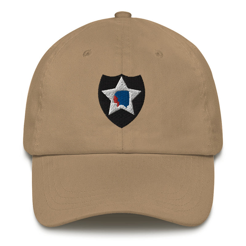 A khaki colored 2nd Infantry Division Hat with the logo on the front.  The hat has a curved visor and an adjustable strap at the back.