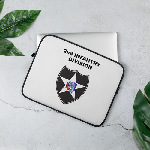 A lightweight and water-resistant white Laptop Sleeve with the 2nd Infantry Division logo printed on top. The laptop sleeve is designed to fit a 13" laptop.