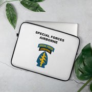 A lightweight and water-resistant white Laptop Sleeve with the Special Forces Airborne logo printed on top. The laptop sleeve is designed to fit a 15" laptop.