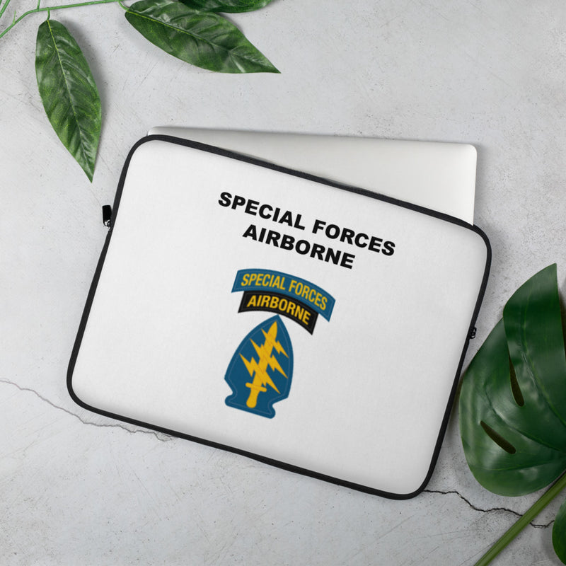 A lightweight and water-resistant white Laptop Sleeve with the Special Forces Airborne logo printed on top. The laptop sleeve is designed to fit a 15" laptop.
