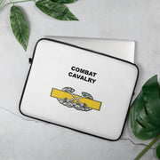 A lightweight and water-resistant white Laptop Sleeve with the Combat Cavalry logo printed on top. The laptop sleeve is designed to fit a 15" laptop.