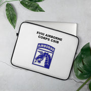 A lightweight and water-resistant white Laptop Sleeve with the XVIII Airborne Corps logo printed on top. The laptop sleeve is designed to fit a 15" laptop.