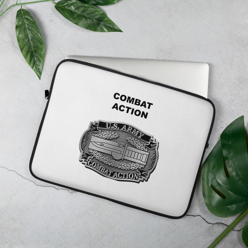A lightweight and water-resistant white Laptop Sleeve with the Combat Action logo printed on top. The laptop sleeve is designed to fit a 15" laptop.
