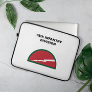 A lightweight and water-resistant white Laptop Sleeve with the 78th Infantry Division logo printed on top. The laptop sleeve is designed to fit a 15" laptop.