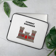 A lightweight and water-resistant white Laptop Sleeve with the Combat Engineer logo printed on top. The laptop sleeve is designed to fit a 15" laptop.