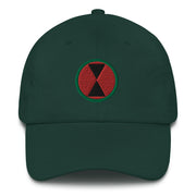A spruce colored 7th Infantry Division Hat with the logo on the front.  The hat has a curved visor and an adjustable strap at the back.