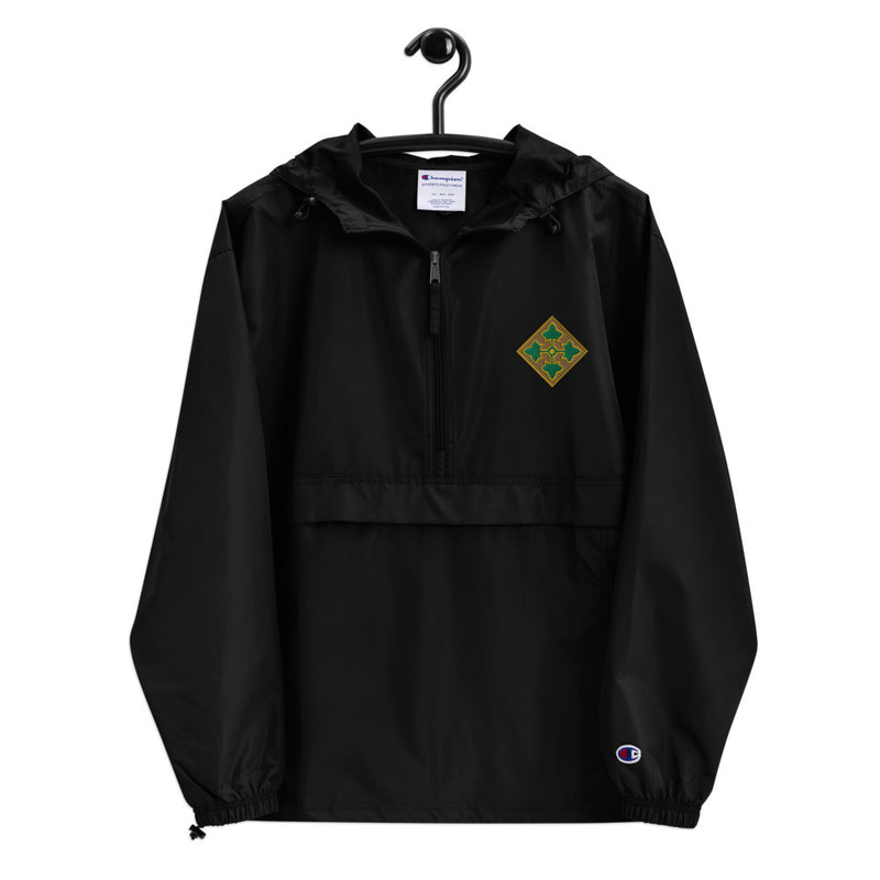 4th Infantry Division Black Champion packable jacket with a detailed embroidered logo.