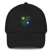 A black 75th Ranger Regiment Hat with the logo on the front.  The hat has a curved visor and an adjustable strap at the back.