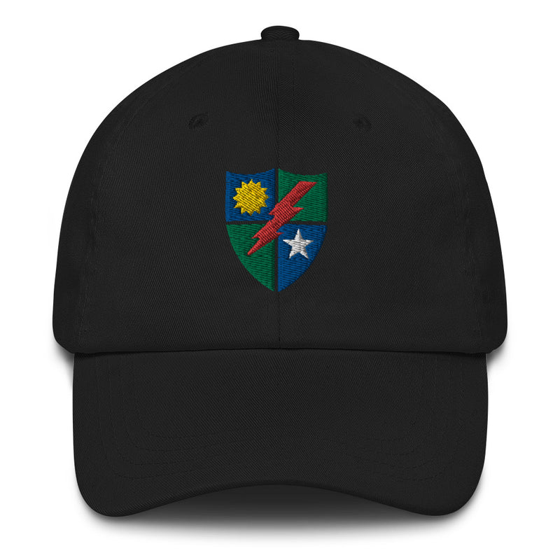 A black 75th Ranger Regiment Hat with the logo on the front.  The hat has a curved visor and an adjustable strap at the back.