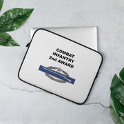 A lightweight and water-resistant white Laptop Sleeve with the Combat Infantry 2nd Award logo printed on top. The laptop sleeve is designed to fit a 13" laptop.
